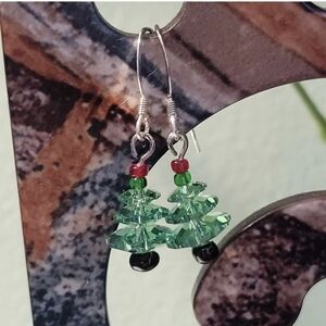Handmade Christmas Tree Swarovski Crystal Drop Earrings 925 Silver Small Dangles
